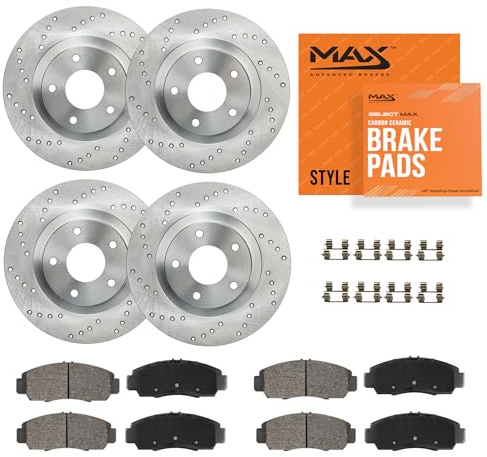 Max Advanced Brakes Front & Rear Brake Kit Compatible With 2019 Chevy Silverado 1500 Excl. Electronic Parking Brake Replacement Cross Drilled Disc Brake Rotors and Ceramic Brake Pads