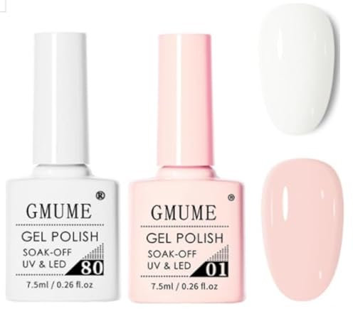 2PCS White Pink Gel Nail Polish Nail Varnish, French Manicure Long Lasting Matte Natural Gel Nail Polish Set, Soak off LED/UV Lamp Nail Art Manicure DIY Home Nail Salon for Women
