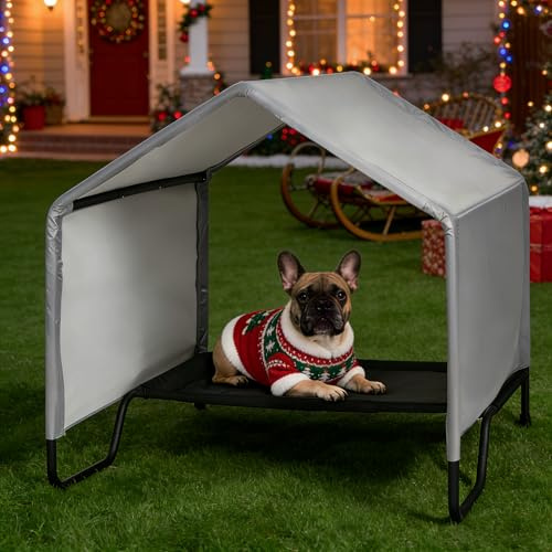 42 Large Outdoor Dog House for All Breeds Dogs, Waterproof & Snowproof 600D Oxford Dog House Featuring Elevated Dogs Bed, Pet Canopy Tent for Doggie, Cats, Small Animals, Grey