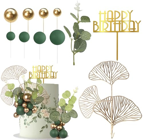 31 Stück Grün Gold Kugel Tortendeko Happy Birthday Cake Topper Natürliche Boho Palmblätter Kuchen Deko für Baby Dusche Kinder Jungen Mädchen Thema böhmische Hochzeit Jahrestag Party Kuchen Dekoration