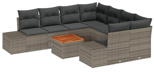 vidaXL Trädgårdsoffset med kudde 9 pcs Grå konstrotting, Modulärt, modernt, trädgårdsoffa-set, hållbart, lätt, UV-beständiga material, utomhusmöbler för bakgården