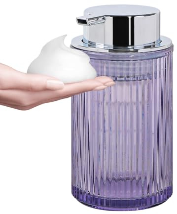 Tonxus Foaming Soap Dispenser, 12 Oz Purple Glass Foam Hand Soap Dispenser, Refillable Glass Foam Pump Bottle Container Decorative Slim Ribbed Bottle for Bathroom and Kitchen