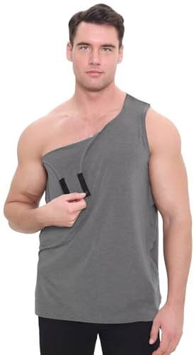 Landofgenie Camiseta Sin Mangas Funcional para Hombres Postoperatoria - Camiseta de Quimioterapia con Botones a Presión para Cirugías de Hombro