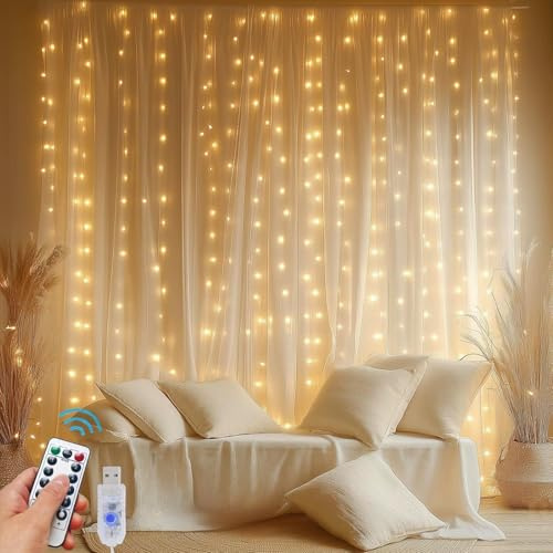 A.bigwhale 300 LED Guirlande Lumineuse, 3 m x 3 m Rideau lumineux blanc chaud avec Télécommande, 8 Modes Rideau Lumineuse Noël Minuterie pour Mariage chambre mur fête décoration de Noël