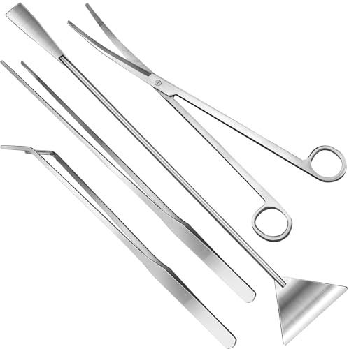 Angelkiss Aquascaping Set di attrezzi 4 in 1 in acciaio inox, pinzette lunghe, forbici e spatole per piante d'acquario, mangime per pesci e pulizia, set premium antiruggine (argento)