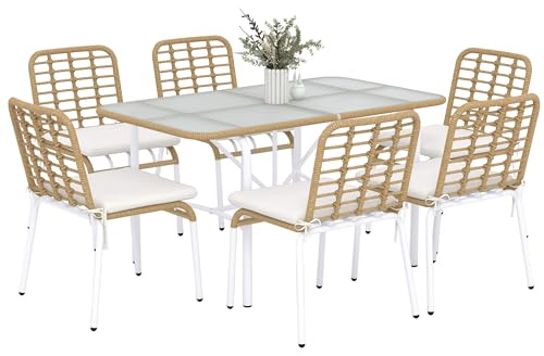 Outsunny Conjunto de Jardín de Ratán Sintético Juego de Muebles de Jardín de Ratán para Exterior de 7 Piezas Incluye Mesa de Vidrio y 6 Sillas Apilables con Cojines Natural