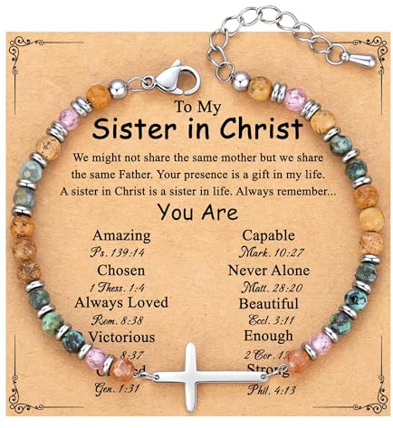 Bracelet Croix Femme en Pierre Naturelle – Bracelet Religieux Chrétien avec Croix en Acier Inoxydable, Cadeau Chrétien pour Communion, Confirmation, Profession de Foi, Anniversaire, Pâques ou Noël