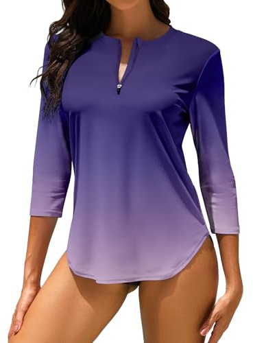 WOWENY Haut de Maillot de Bain Tee Shirt Anti UV Femme Rashguard Manches 3/4 avec Fermeture Éclair 1/4 UPF 50+ Séchage Rapide pour Sports Nautiques Surf Plage