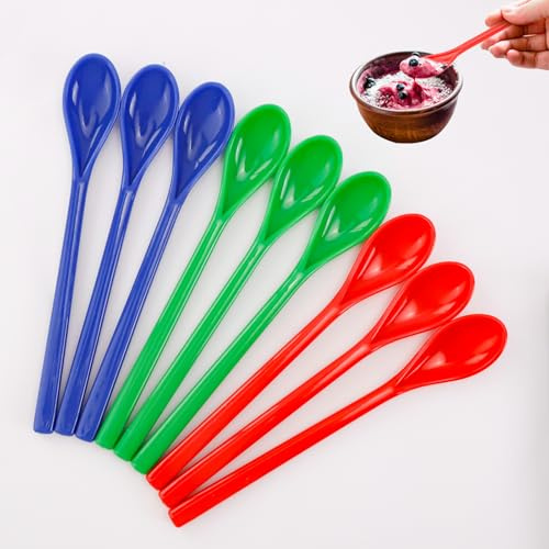 STNRST-IN 9 Pezzi Cucchiaio con Manico Lungo, Cucchiai di Plastica Riutilizzabili Colorati, Bei Cucchiai da Tè con Manico Lungo per Gelato, Dessert, Latte, Bicchiere Espresso, Zuppa e Bevande Calde
