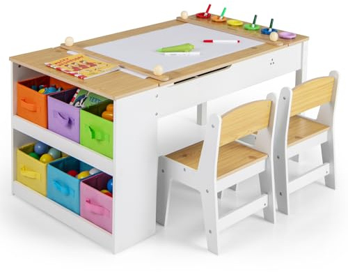 Maxmass 2-in-1 Kids Art Table and Chair Set, Children Lift-top Wooden Craft Table with Open Shelf, Paper Roll, 6 Storage Boxes, Toddler Play Tables for Drawing Learning (Wooden, 6 Cups with Cover)