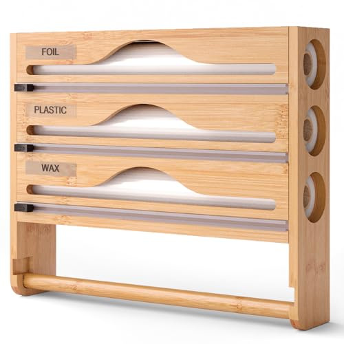 Dispenser di pellicola alimentare e carta stagnola 3 in 1 – Supporto da cucina in bambù con taglierina precisa, porta Sopalin a parete/cassetto, contenitore organizzato per rotoli da 30 cm (legno)