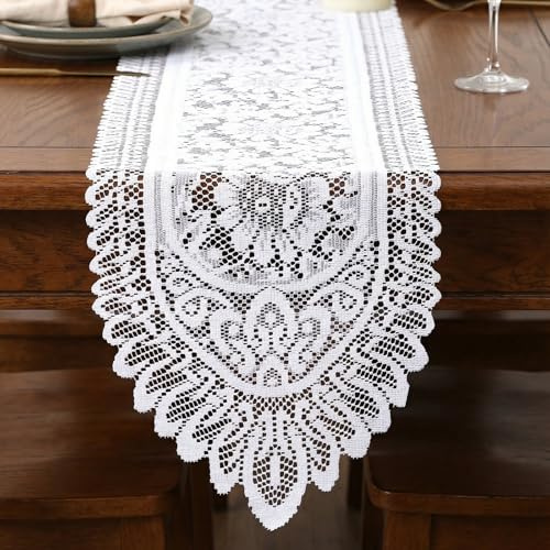 White Lace Table Runner Boho Vintage Embroidered Lace Runner for Dresser Top Woven Handmade Crochet Table Dresser Scarf Doilies for Wedding Bridal Shower Kitchen Dining Decor (12.99× 44.88)