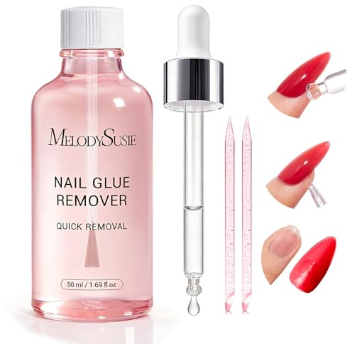 MelodySusie 50ML Nail Glue Remover for Press on Nails, Acetone Free Nail Polish Remover Multi-Functional Remover for Acrylic Tips Gentle Glue Remover with Stick