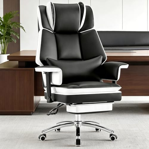 Sedia da Ufficio Ergonomica 180 kg, Poltrona Direzionale XXL con Poggiapiedi, Sedia Gaming e Scrivania con Braccioli Regolabili, Schienale Reclinabile, Girevole per Ufficio e Home Office, Nero Bianco