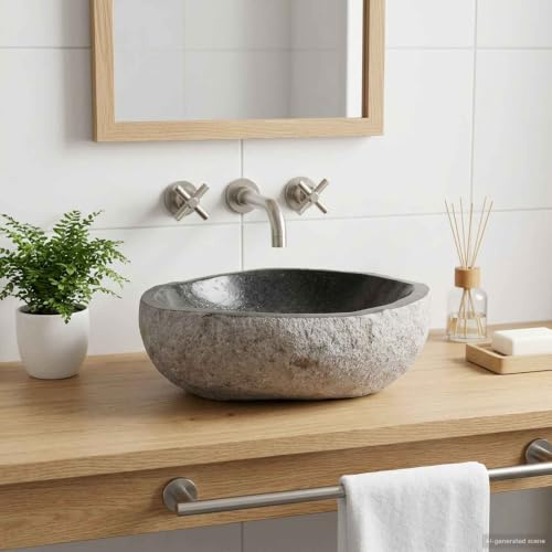 Ziaphsol Lavabo ovale grigio in pietra di fiume da 32 a 37 cm x 27 a 30 cm x 12 cm, ciotola in pietra naturale con foro di scarico da 45 mm, per montaggio a parete e sottostruttura