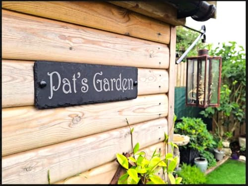 Personalised Slate Garden Sign 38cm x 10cm – Engraved Natural Slate | House name plaque for garden rooms, gates, sheds and outdoor walls.