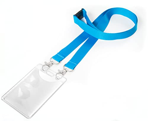 Karteo® Ausweishülle vertikal Din A7 (74 x 105mm) mit 20mm Schlüsselband Lanyard hellblau mit Doppelkarabinerhaken und Sicherheitsverschluss Ausweishüllen transparent Plastik