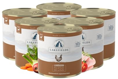 Lakefields Premium Hundefutter Nass | Huhn 61% | 6 x 800g | Getreidefreies Nassfutter für Hunde | Natürliche Zutaten in Lebensmittelqualität | Karotten, Kartoffeln & Apfel | Schonend gegart