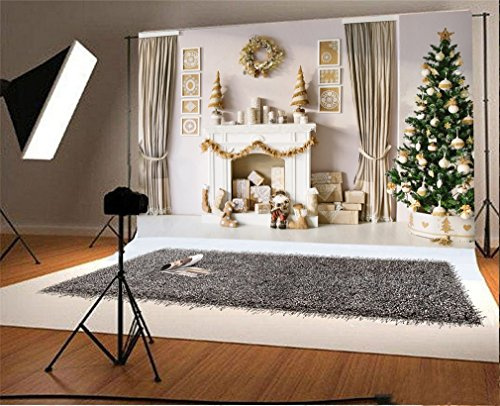 YongFoto 3x2m Vinyle Toile de Fond Noël Arbre Cadeaux Cheminée Garland Chaussettes Rideau Intérieur Fond Décors Studio Photo Portrait Enfant Video Fete Mariage Photobooth Photographie Accesorios