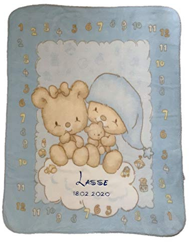 Flauschig warme Decke mit Bestickung, Motiv Applikation HELLBLAU | Name Geburtsdatum o.Ä., Bärchenpaar