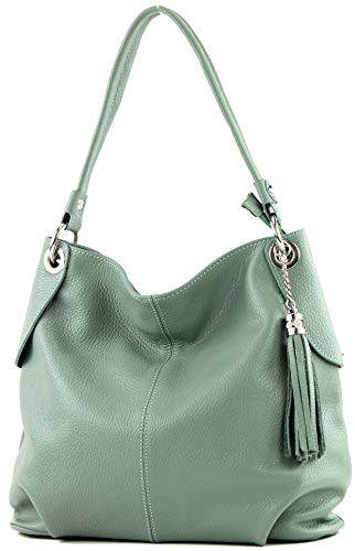 modamoda de T185 Damen Leder Schultertasche Handtasche handmade in Italy, Farbe:Graugrün