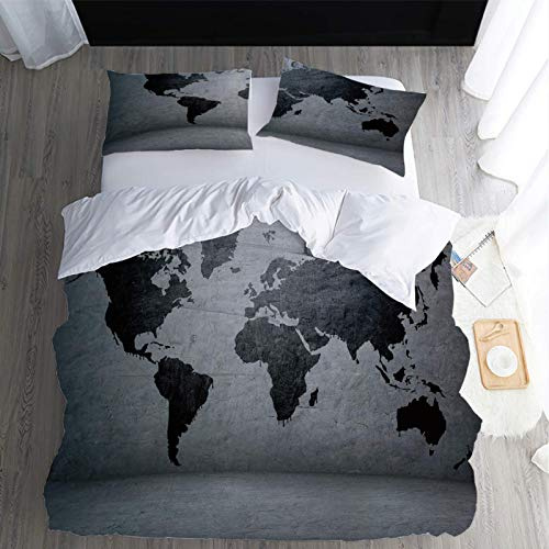 CLQPYQ Set Copripiumino Una Piazza E Mezza 200X200cm, Stampati in Mappa del Mondo Grigio 3D, 3 Pezzi Set di Biancheria da Letto in Microfibra : 1 Copripiumino E 2 Federe, per Bambini/Adulti