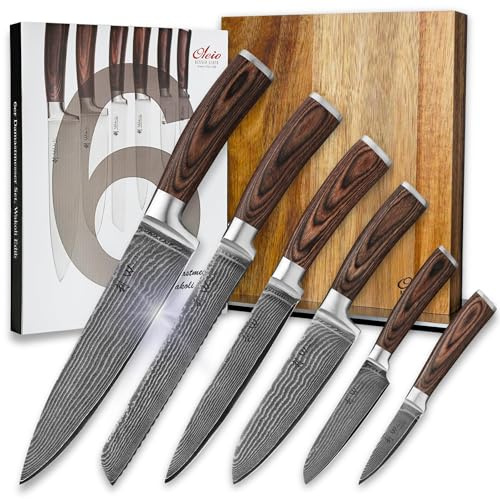 Wakoli EDIB Messerblock-Set mit 6 Messern, 67 Lagen Damaststahl, VG10 Kern | Kochmesser, Brotmesser, Fleischmesser, Santokumesser, kleines Santoku und Officemesser, Pakkaholzgriffe, Akazienblock