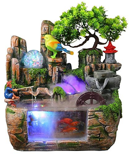 11-Inch Tabletop Fountains Desk Rockery Cascading Mini Waterfall Atomizing Humidifier Fountain with Crystal-Like Lighting Effect Rolling Ball Desktop Small Interior Water Feature Decoration