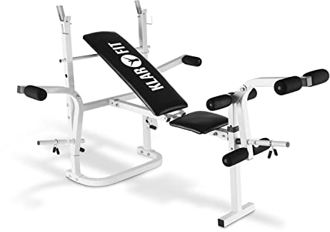Klarfit Workout Hero Hantelbank - Bankdrücken Bank aus Stahlrohr, Fitnessbank mit Arm- & Beincurler, Hantelbank, Sit Up Bank, Maximalbelastung: 160 kg, schneeweiß