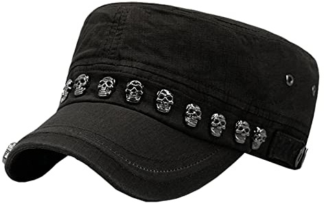 Unisex Totenkopf/Skelett Nieten Punk Army Cap Cool Flat Cap Basic Everyday Military Style Hut, Schwarz , 56