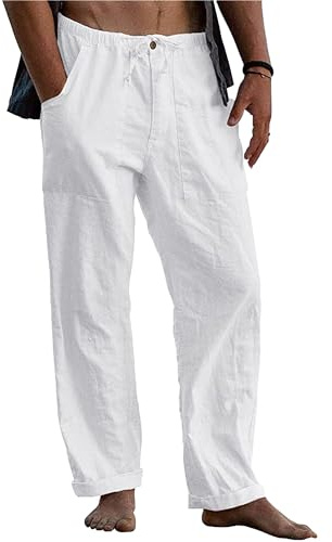 LVCBL Pantalones Casuales Lisos de Verano para Hombre Pantalones de Playa de Ajuste Holgado Blanco XL