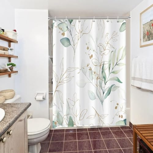 Uiiooazy Duschvorhang 150x180cm Anti Schimmel Eukalyptus Grüne Gold Blätter | Duschvorhang Salbeigrün Aquarell Pflanzen Wasserdicht Waschbar Stoff Polyester Bad Vorhang mit 10 Haken für Badezimmer