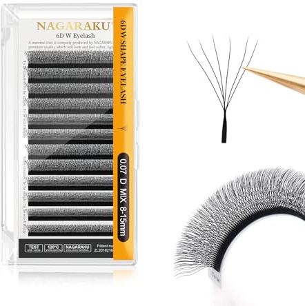 NAGARAKU 6D W Pestañas W Ramo Prefabricado Extensión de Pestañas Hecho a mano WW Profesional Pestañas Postizas Naturales Ahorra Tiempo Volumen Rusas Clover Eyelash Cluster Negro(0.07mm D 8-15mm)