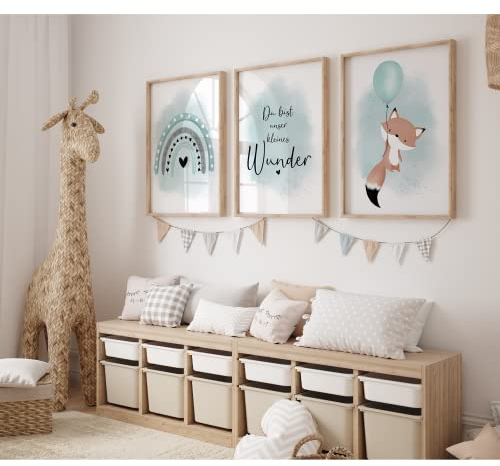 MeinBaby123® Bilder Kinderzimmer | 3er Set DIN A2 Poster Set| Deko Mädchen und Jungen | Babyzimmer (Fuchs & Luftballon mint A2)