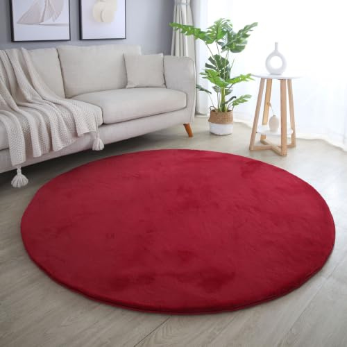 SIMPEX Rabbit Hochflor Teppich Rund 120 cm Rot Shaggy Modern Flauschig Weich Fellteppich Kunstfell Einfarbig für Schlafzimmer Wohnzimmer Kinderzimmer