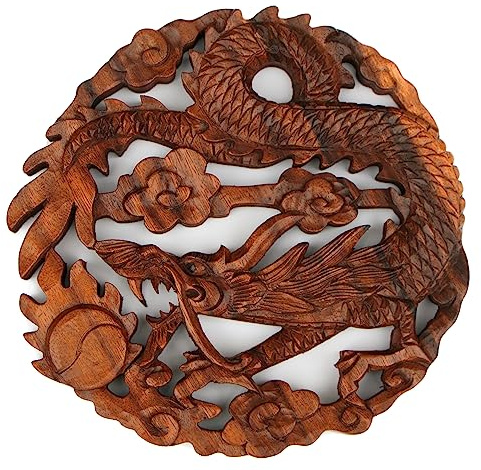 Wogeka - Super schönes 20 cm Drache-Wolken-Relief - Handarbeit aus Holz geschnitzt als besondere Geschenk-Idee für Asia Fans zu Geburtstag, Weihnachten zur Wand-Deko Dragon Feng Shui Rel43