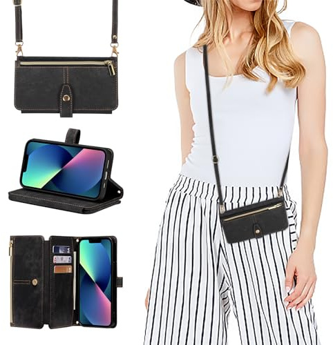 ZCDAYE Hülle für iPhone 15 mit Band Handykette, Leder iPhone 15 Handyhülle Handytasche mit Kartenfächern Frauen Brieftasche Klapphülle zum Umhängen Tasche iPhone 15 (6.1 inches),Schwarz