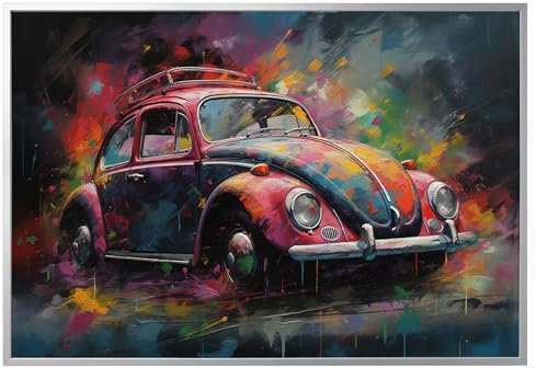 Printonia Leinwand-bild 140x100cm VW Käfer Typ 1 Abstrakt Art Bilder Dekoration Wandbild Kunstdruck Automobil Deko Silber Aluminiumrahmen