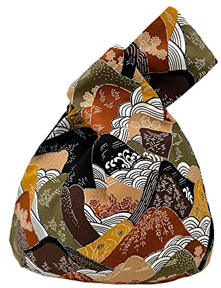 BAR AUTOTECH Stylish Canvas Japanese Pattern Wrist Bag Sleeve Knot Pouch Portable Canvas Tote Purse for Female, Women (Brown Mountain)