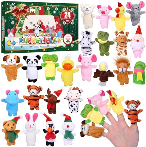 LIHAO Adventskalender 2025 Kinder mit 24 Tier Fingerpuppen Weihnachtskalender Fingerspiele Weihnachten Geschenken für Kinder Baby Mädchen JungenF