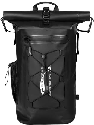 AFISHTOUR 25L Wasserdichter Rucksack für Damen und Herren: Rollverschluss Dry-Bag mit Schwimmfunktion für Kajak, Rafting(Schwarz)