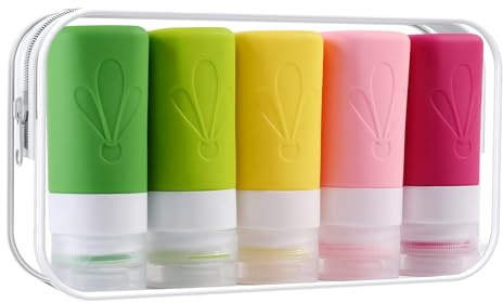 INSFIT 5 stycken reseflaskor i silikon, FDA-godkända 60 ml resestorleksbehållare, BPA-fria, läckagesäkra, klämbara silikonslangar för schampo, balsam, lotion, tvål med etiketter