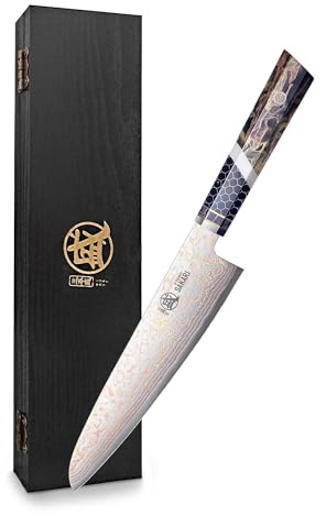 MITSUMOTO SAKARI 21 cm Cuchillo Gyuto Japonés, Cuchillos Cocina de Damasco | Dureza HRC60±1 y resistencia a la oxidación acero revestido forjado a mano japonés ideal para cocina regalo y colección