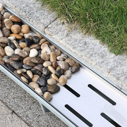 Trough Type Drainage Ditch,Trough Guttering，French Drain Strainers Channel for Yard Paver Patio, 4in 6in 8in Wide Trench Drainage Grate for Concrete Slab, Pebbles Fill Gutter Cover Plate(20c