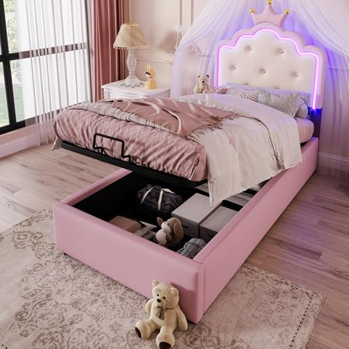 Polsterbett Einzelbett 90x200 cm, LED Kinderbett Mädchenbett Hydraulisch Stauraumbett Funktionsbett mit Stauraum&Lattenrost&Kronprinzessinnen-Kopfteil, Bettgestell für Mädchen, PU, Ohne Matratze, Rosa
