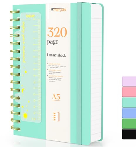 Smarpau Spiral Notizbuch A5, Lined Journal mit 320 Seiten 100gsm Papier | Hardcover PVC Journal ,Der Collegeblock Notizblock Eignet Sich Zum Schreiben und Notieren, 14.5 x 21cm-Aquamarin