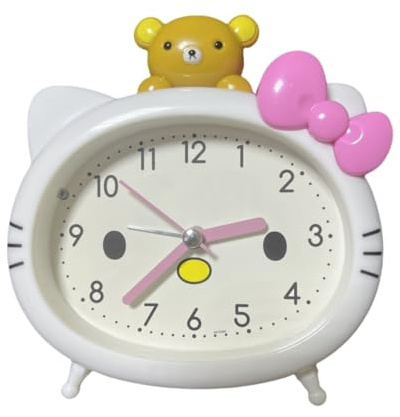 Fuxizest Cute Cat Alarm Clock, Kawaii Alarm Clock,Cartoon Cat Clock,Cute Clock,White with Pink Bow, Yellow Bear Topper, Kids Room Decor (White with Little Bear)