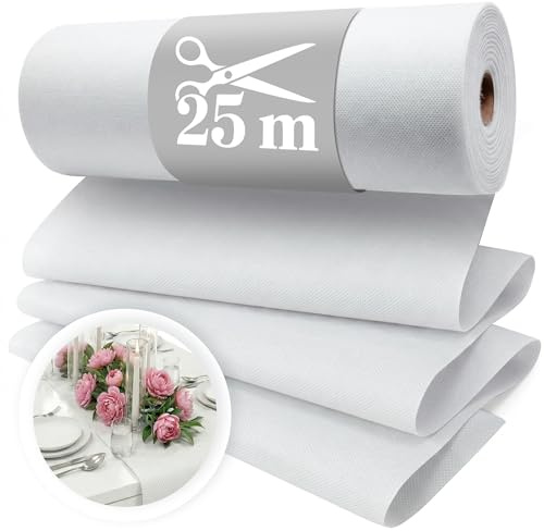 Vlies Tischläufer Weiß [30cm x 25m] - Einweg Tischband als edle Tischläufer | Tischdeko für Hochzeit, Kommunion, Taufe, Geburtstag, Weihnachten und Biertisch Feste