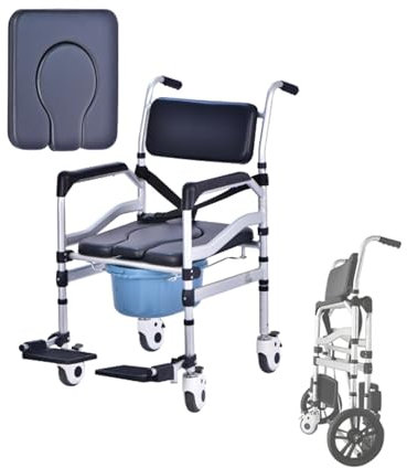 HADECOLL Fauteuil Roulant De Chevet 4 en 1 pour Toilettes, Siège De Toilette Surélevé Réglable en Hauteur avec Accoudoirs Et Dossier, Chaise De Transport De Douche Pliable pour Personnes Âgées