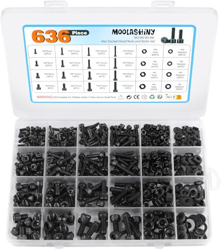 636PCS M2 M3 M4 M5 Nuts and Bolts Set, Hex Socket Head Cap Metric Screw Assortment, Alloy Steel Machine Screws and Washers Assortment Kit for Repair, DIYers